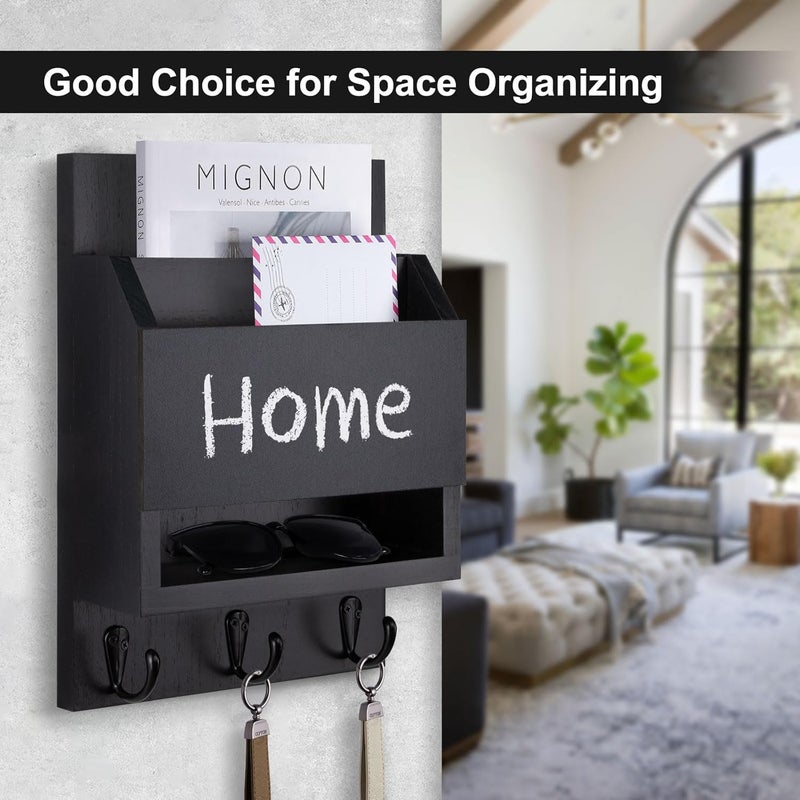 Lucundm Key and Mail Holder for Wall, Key Holder with Chalkboard and Long Storage Box, Key Hanger with 3 Sturdy Hooks for Coat, Dog Leash, Entryway Mail Organizer (Black) - Image 2